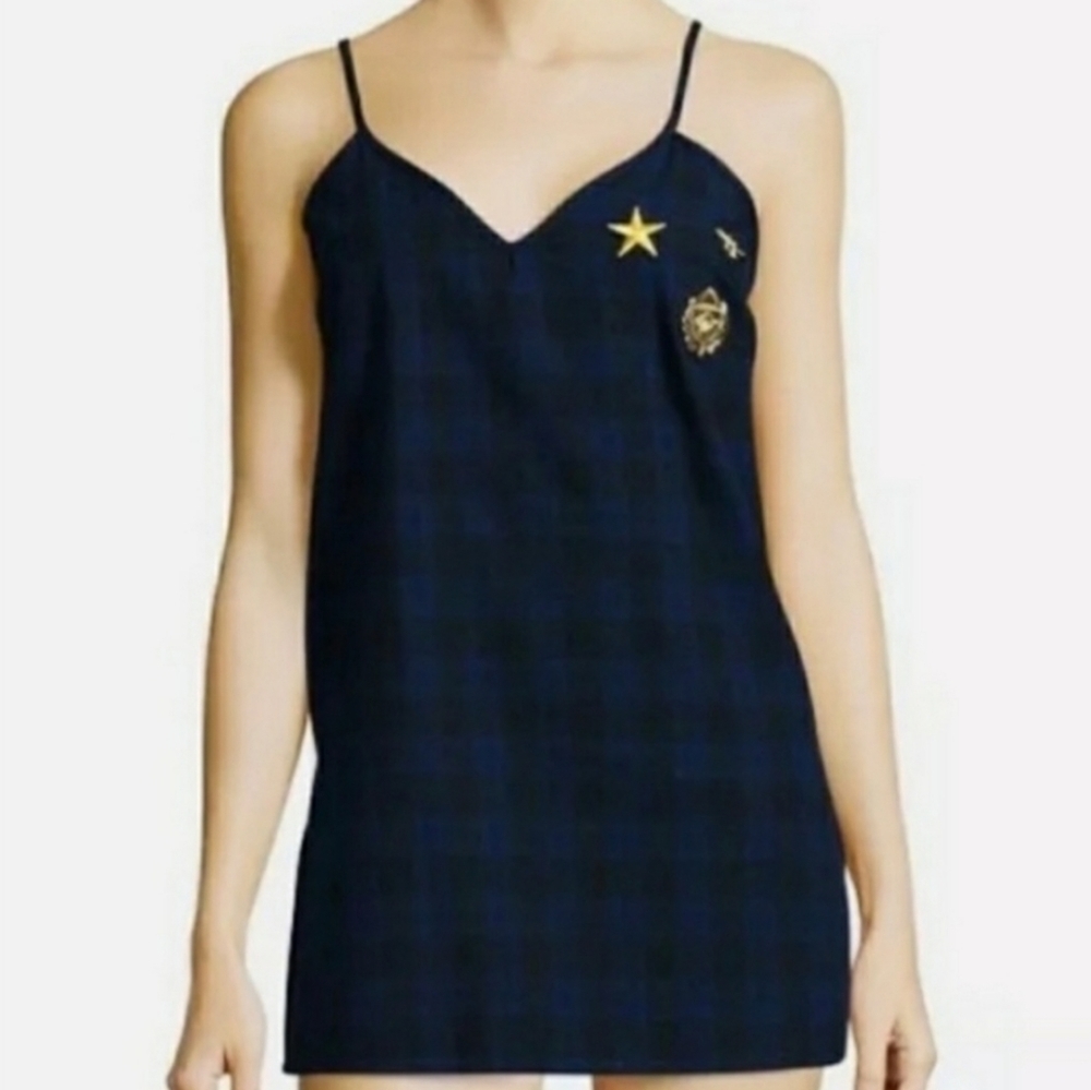 Sam Edelman Plaid Side Slit Chemise Navy Blue Plaid S